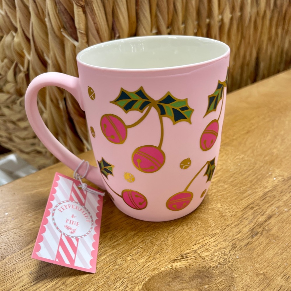 Pink Christmas Jingle Bell Cherries w/Metallic Gold Pink Soft Touch Mug NWT
